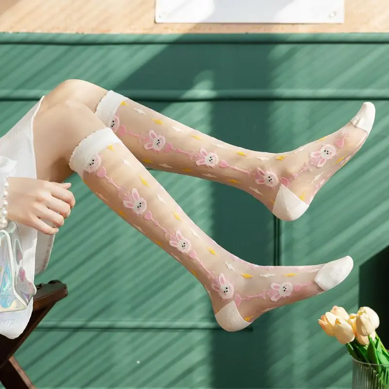 Crystal Mesh Fabric - 女性用の超薄型ソックス,透明なシルクのストッキング,長い,漫画のパターン,膝に着用
