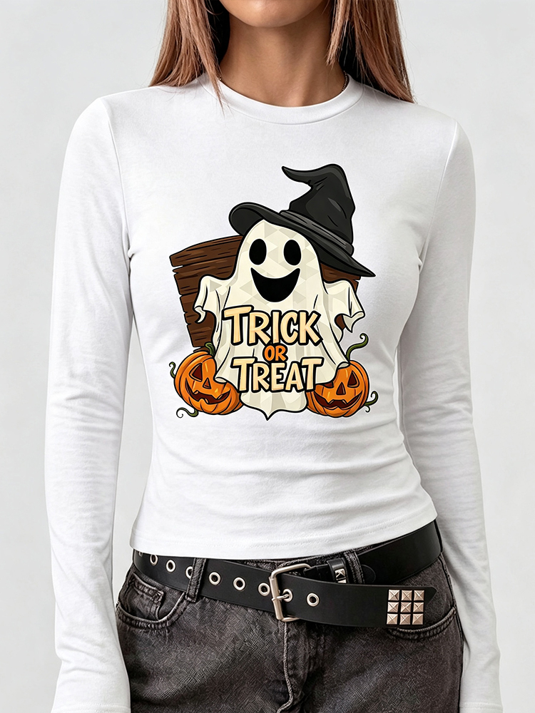 Embellish Knit - アメリカンスパイダー レッドスパイダーウェブプリント 長袖Tシャツ（女性用）- ラウンドネック タイト ショートスリーブ