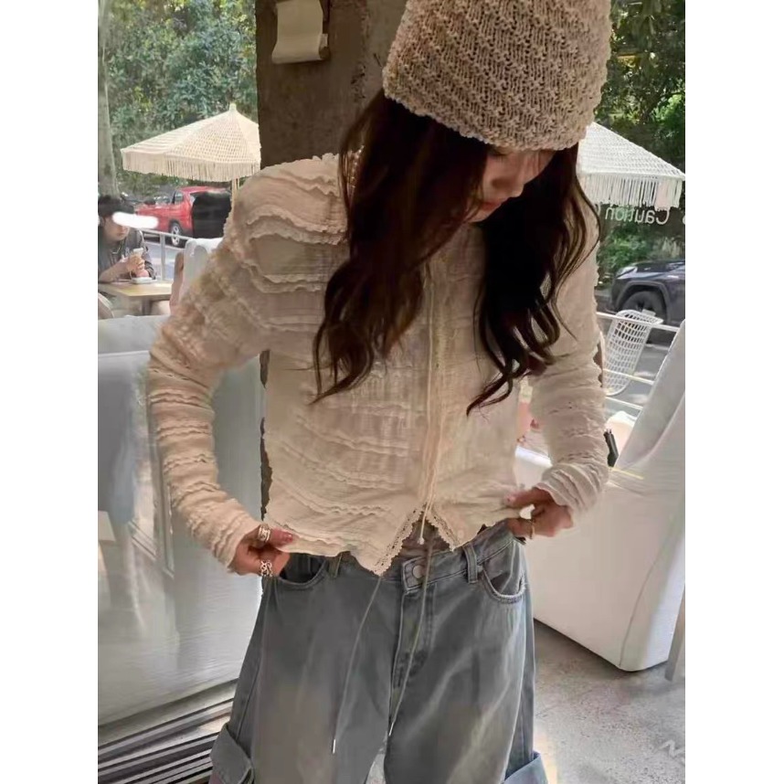Embellish Knit - レースパッチワークベルト付きオープンカーディガンシングルボタントップレディースTシャツデイリースタイルユニバーサルフィットウエストシンチングレギュラースリーブ