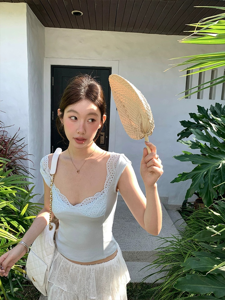 レーストリム V ネックストラップベスト女性の夏のアウターウ - Elastic Lace Trim のレビューと価格