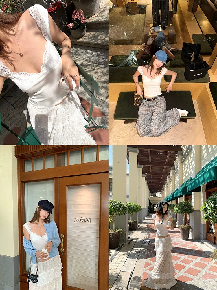 レーストリム V ネックストラップベスト女性の夏のアウターウ - Elastic Lace Trim のレビューと価格