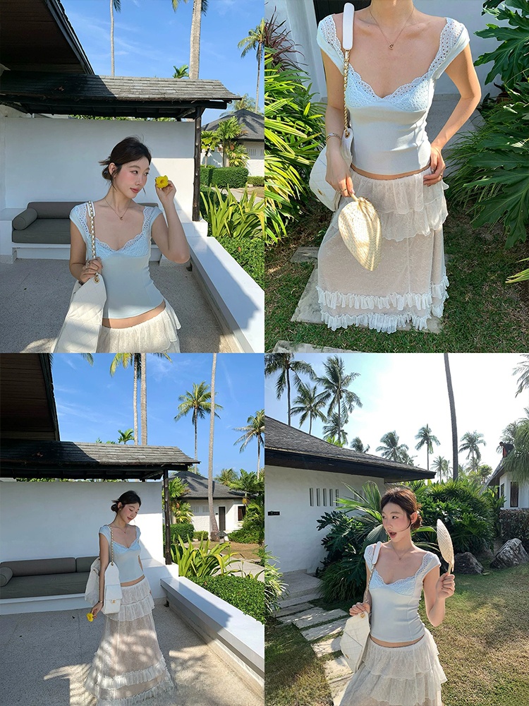 レーストリム V ネックストラップベスト女性の夏のアウターウ - Elastic Lace Trim のレビューと価格