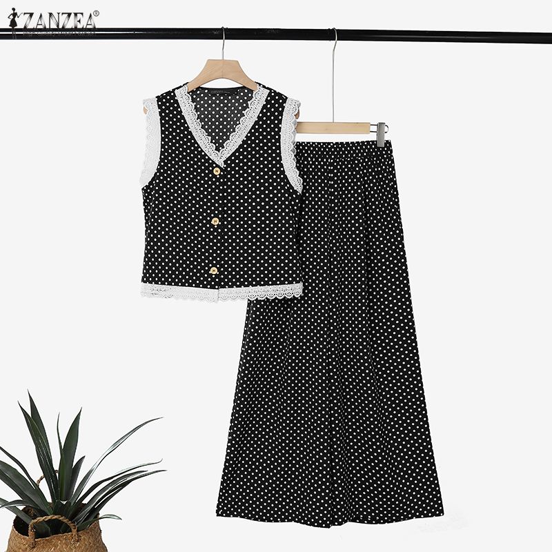 女性夏の水玉パンツセットレーストリム V ネックノースリーブ - Elastic Lace Trim のレビューと価格