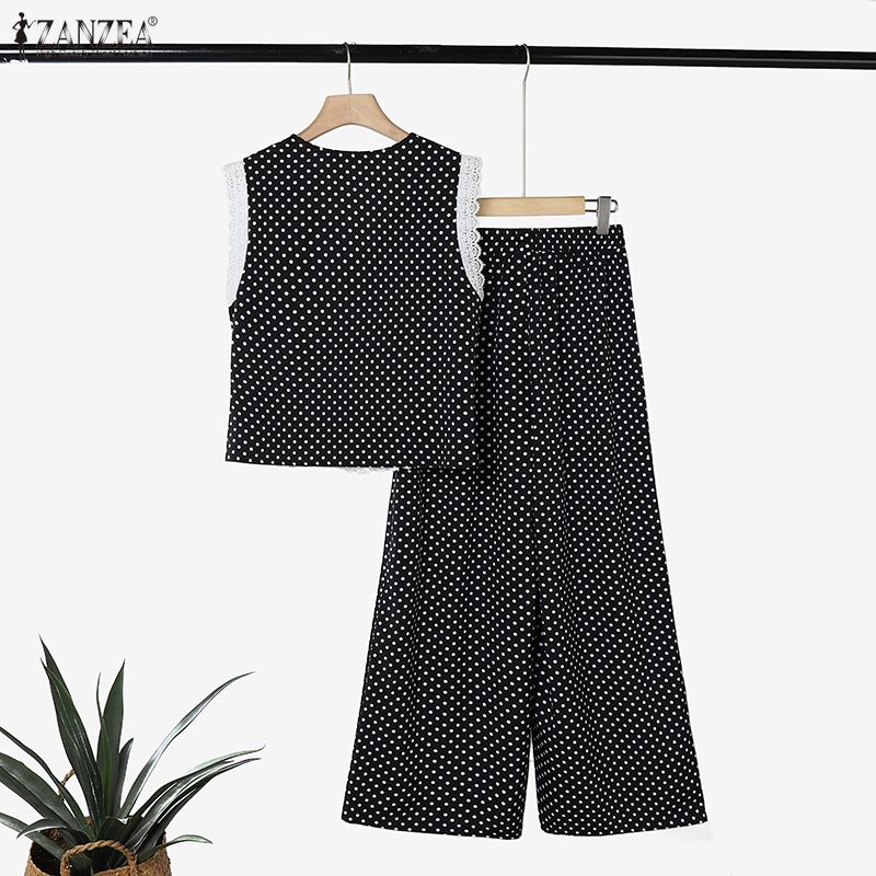 女性夏の水玉パンツセットレーストリム V ネックノースリーブ - Elastic Lace Trim のレビューと価格
