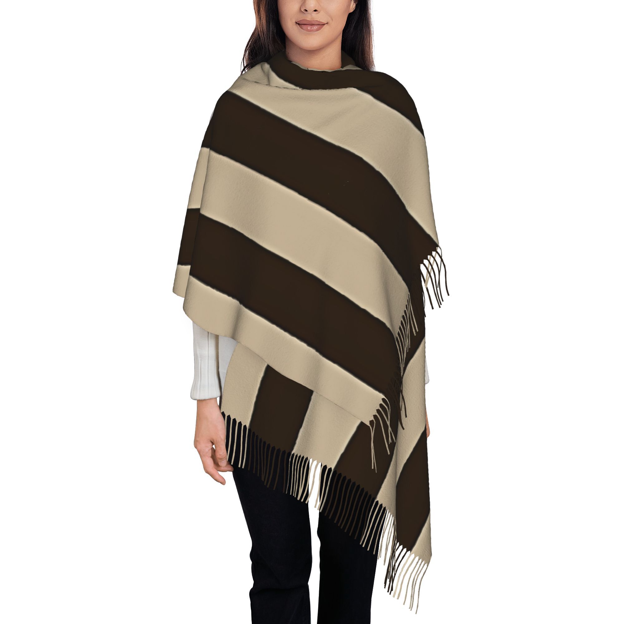 1枚入り、縦縞の茶色とベージュのタッセル付きスカーフ・ショー - Tassel Fringe Trim のレビューと価格