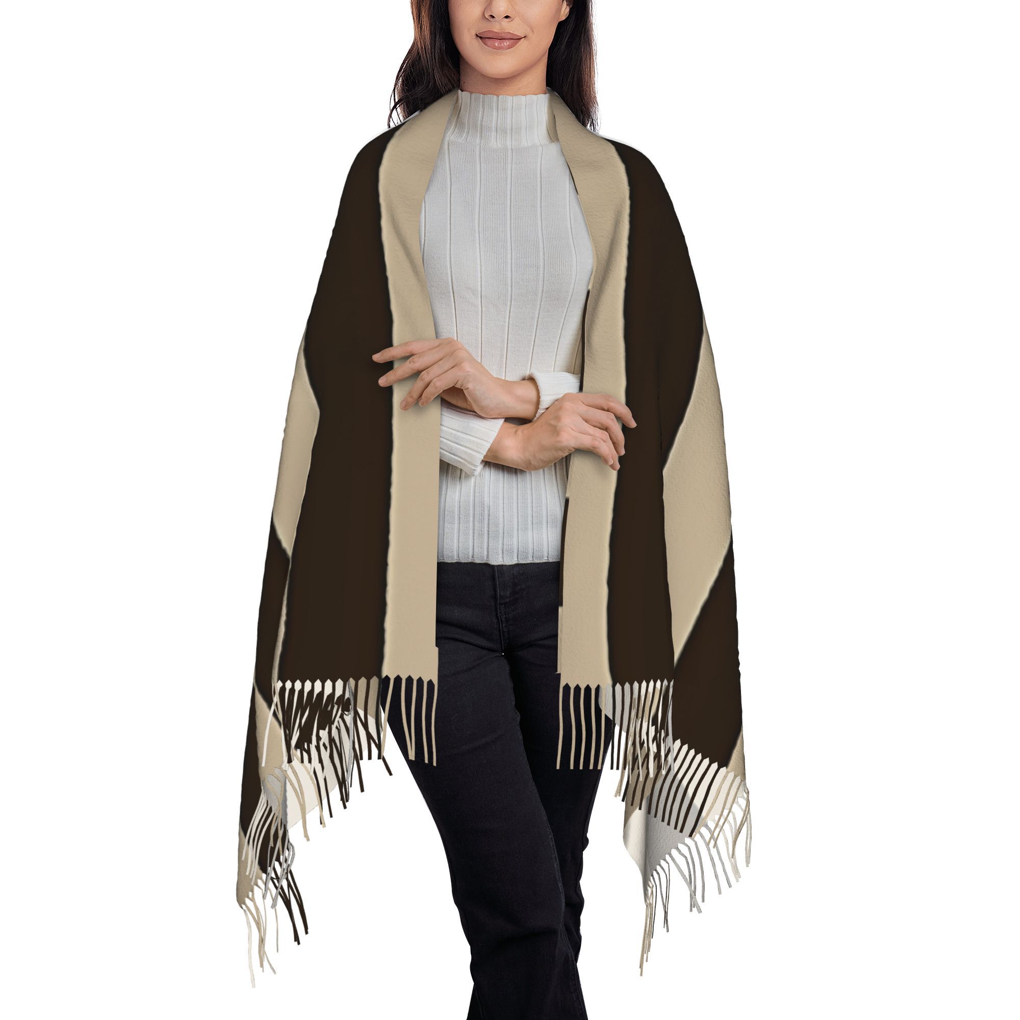 1枚入り、縦縞の茶色とベージュのタッセル付きスカーフ・ショー - Tassel Fringe Trim のレビューと価格