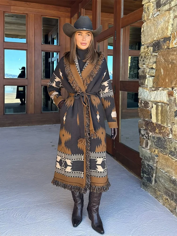タッセルプリント レディース ロングカーディガン シックなレ - Tassel Fringe Trim のレビューと価格