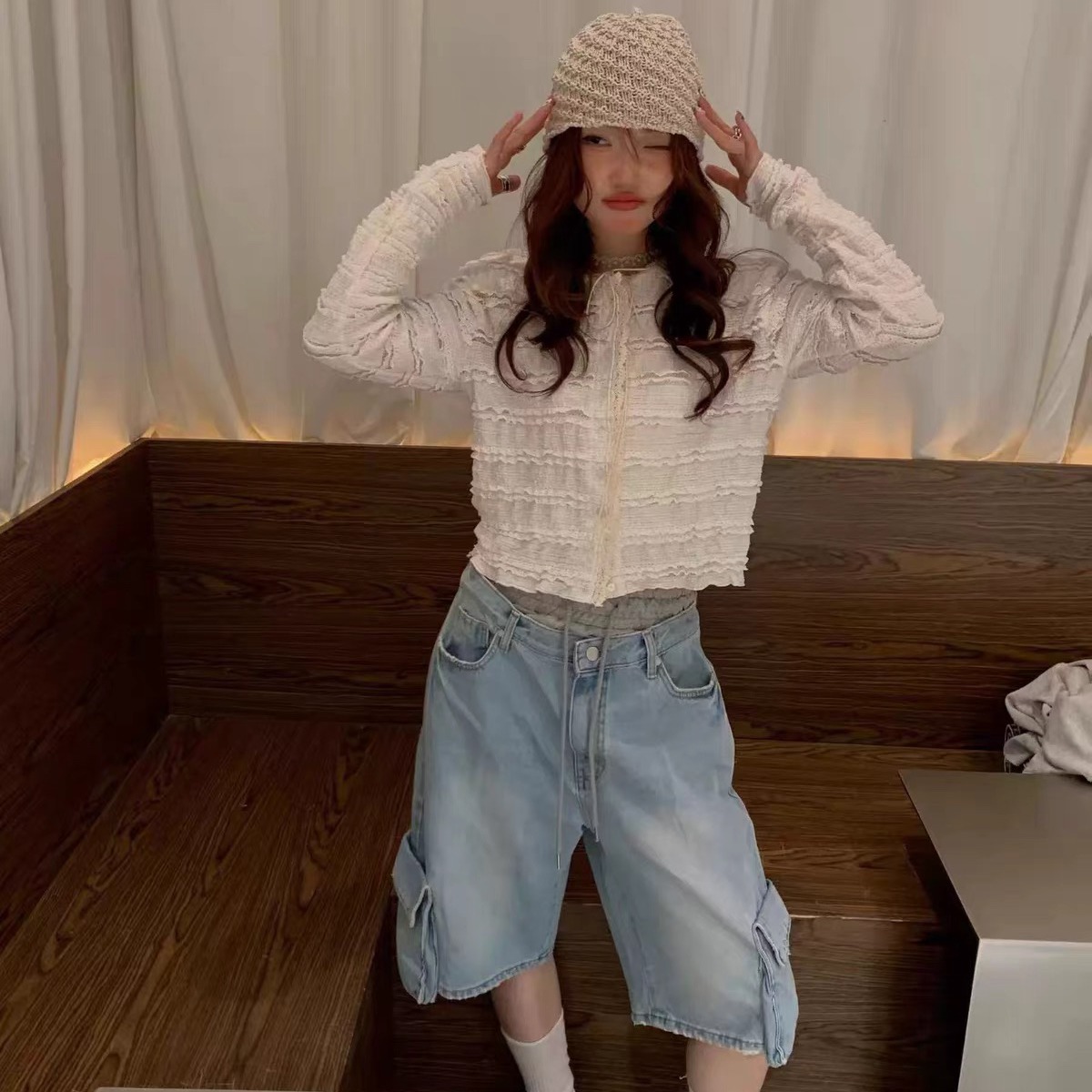 レースパッチワークベルト付きオープンカーディガンシングルボタ - Embellish Knit のレビューと価格