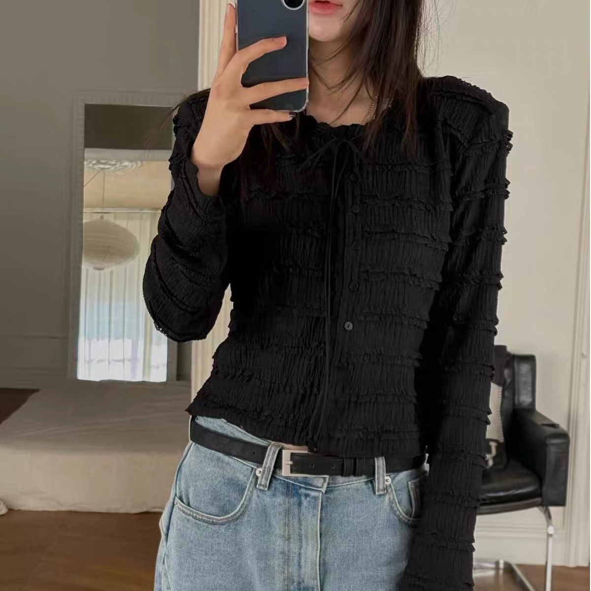 レースパッチワークベルト付きオープンカーディガンシングルボタ - Embellish Knit のレビューと価格