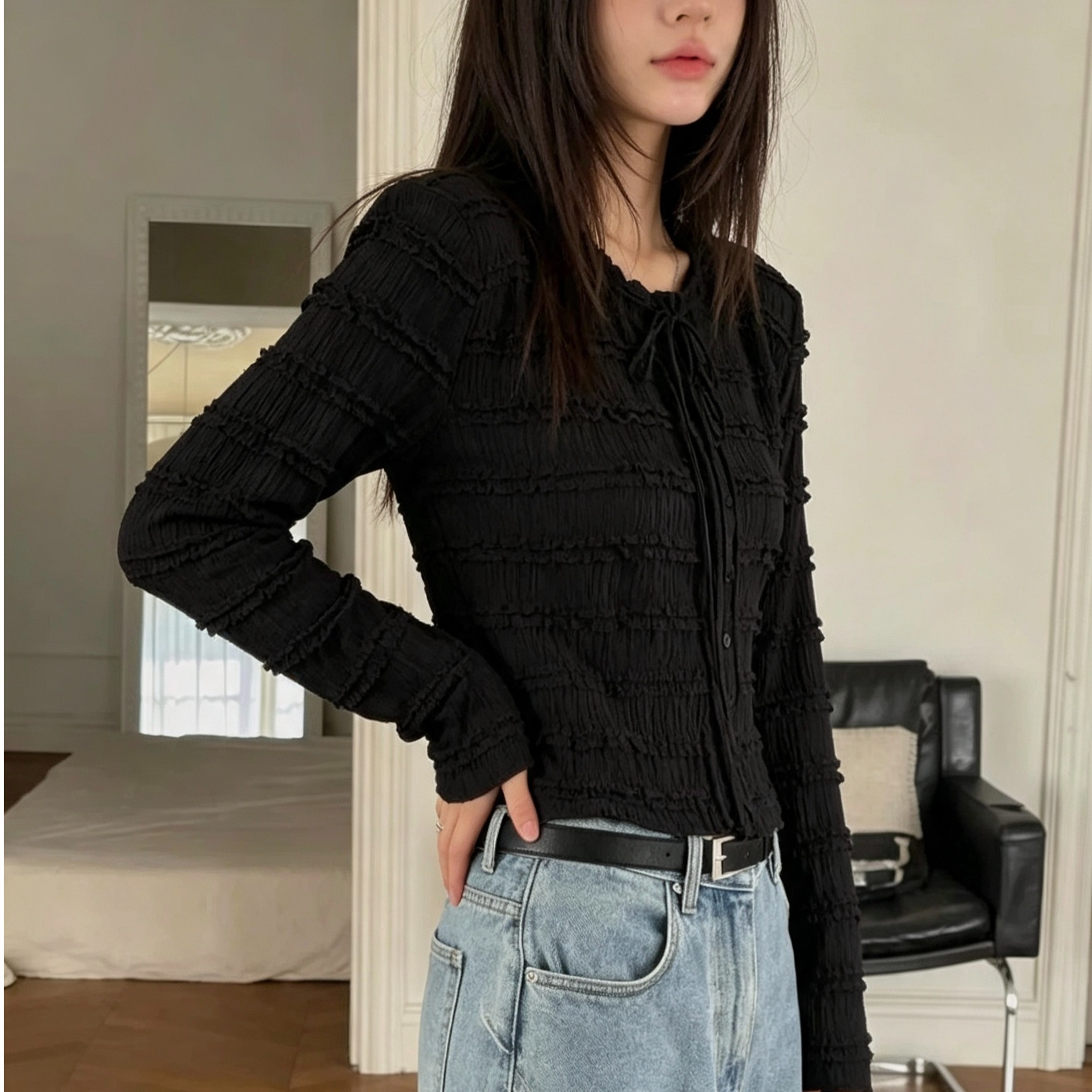 レースパッチワークベルト付きオープンカーディガンシングルボタ - Embellish Knit のレビューと価格